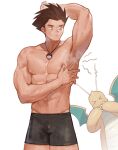  abs armpits bara biceps brown_eyes brown_hair claws closed_eyes dragonite frown highres jewelry jin_(sirius-j) looking_to_the_side manly muscular muscular_male musk navel necklace nipples pectorals poke_ball pokemon scales short_hair shorts simple_background spiked_hair sweat sweatdrop topless_male white_background wings 