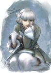  1girl alice_elliot bangs blue_eyes blunt_bangs closed_mouth gloves head_rest holding noie_(neunteedelstein) painterly shadow_hearts short_hair sitting sleeves_past_wrists smile solo thighhighs twitter_username white_gloves white_hair white_thighhighs 