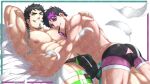  2boys abs absurdres arm_behind_head armpits bara bed bed_sheet black_eyes black_hair couple facial_hair feathers glasses green_eyes heterochromia highres hug inunekostudio large_pectorals long_hair looking_at_viewer lying lying_on_person male_focus male_underwear manly mature_male multicolored_hair multiple_boys muscular muscular_male navel navel_hair nipples no_pants on_back original pectorals ponytail purple_eyes purple_hair simple_background smirk sparkle spiked_hair stubble teeth thick_arms thick_eyebrows thick_thighs thighs topless_male underwear veins veiny_arms white_background yaoi 