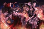  2girls annin_cha apron arm_grab ascot black_hair blonde_hair bow braid bruise bruise_on_face clenched_teeth crying crying_with_eyes_open detached_sleeves dress fire hair_bow hair_tubes hakurei_reimu hat hat_bow highres injury japanese_clothes kirisame_marisa large_bow long_hair long_skirt miko multiple_girls night nontraditional_miko open_mouth short_hair side_braid single_braid skirt skirt_set tearing_up tears teeth touhou witch_hat yellow_ascot yellow_eyes 