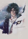  1boy black_hair blue_coat blue_eyes closed_mouth cloud cloudy_sky coat hair_between_eyes kiba male_focus medium_hair noie_(neunteedelstein) open_clothes open_coat painterly sky snow snowing solo twitter_username upper_body wind wolf&#039;s_rain yellow_eyes 