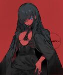  1girl artist_name black_choker black_coat black_hair blue_eyes choker coat coat_on_shoulders colored_skin hair_over_one_eye hands_in_pockets highres long_hair multicolored_clothes multicolored_coat open_mouth original orihira red_background red_coat red_nails red_skin red_theme simple_background solo teeth thumb_in_pocket two-tone_coat upper_teeth 