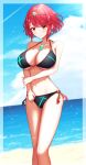  1girl absurdres adapted_costume bangs bikini black_bikini breasts chest_jewel cleavage earrings halterneck highres jewelry large_breasts navel o-ring o-ring_bikini o-ring_bottom pyra_(pro_swimmer)_(xenoblade) pyra_(xenoblade) red_eyes red_hair short_hair solo swept_bangs swimsuit taro_(peach_taro51) tiara xenoblade_chronicles_(series) xenoblade_chronicles_2 