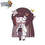  1girl ^^^ bangs black_footwear black_necktie black_skirt blunt_bangs blush_stickers braid braided_bun brown_hair collared_shirt copyright_name double_bun eta full_body hair_bun hair_ornament honkai_(series) honkai_impact_3rd labcoat long_hair long_sleeves looking_at_viewer multicolored_hair necktie nuwa o_o open_clothes open_mouth pencil_skirt puffy_long_sleeves puffy_sleeves red_hair shirt shoes simple_background single_leg_pantyhose skirt sleeves_past_wrists solo standing streaked_hair teardrop very_long_hair white_background white_shirt 