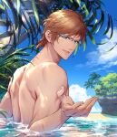  1boy artist_name blue_sky brown_hair cloud final_fantasy final_fantasy_xv glasses green_eyes hair_between_eyes hair_down hinoe_(dd_works) ignis_scientia looking_at_viewer looking_back male_focus muscular muscular_male ocean open_mouth outdoors outstretched_hand palm_tree partially_submerged short_hair signature sky smile solo topless_male tree upper_body wet 
