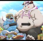  2022 96panda absurd_res anthro behemoth_(housamo) belly big_belly bottomwear clothing detailed_background duo eating facial_hair food grey_body hat headgear headwear hi_res kemono lifewonders male moobs mustache nipples one_eye_closed outside overweight overweight_male shirt shorts sitting tokyo_afterschool_summoners tongue tongue_out topwear video_games wink 
