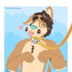  absurd_res ambiguous_gender anthro canid canine canis collar cute_expression cute_eyes domestic_dog hair hi_res mammal nude petplay puppyplay roleplay simple_background smile solo tongue yellowanubiz 