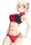  1girl abs bangs blonde_hair bloomers hair_ribbon highres looking_to_the_side lycoris_recoil nepenthes_246 nishikigi_chisato red_eyes ribbon short_hair sports_bra sportswear toned underwear white_background 