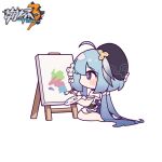  1girl ahoge bangs bare_shoulders barefoot beret black_headwear blue_hair blush_stickers canvas_(object) chibi copyright_name dress eta griseo hair_between_eyes hat holding holding_paintbrush honkai_(series) honkai_impact_3rd long_hair low_twintails paintbrush painting_(action) palette_(object) purple_eyes simple_background solo twintails very_long_hair white_background white_dress 