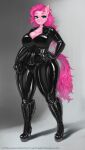  2022 anthro anthrofied big_breasts boots breasts cleavage clothed clothing female footwear friendship_is_magic hair hand_on_hip hi_res high_heeled_boots high_heels looking_at_viewer my_little_pony pink_body pink_hair pinkie_pie_(mlp) rubber simple_background solo standing thick_thighs tight_clothing transfaled_(fwexz) wide_hips 