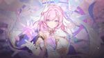  1girl artist_request diamond-shaped_pupils diamond_(shape) dress elysia_(herrscher_of_human:ego) elysia_(honkai_impact) gloves highres honkai_(series) honkai_impact_3rd long_hair looking_at_viewer outstretched_hand pink_hair purple_eyes second-party_source solo symbol-shaped_pupils 