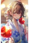  1girl bangs blue_kimono blurry blurry_background blush border brown_eyes brown_hair candy_apple festival floral_print flower food hair_between_eyes hair_flower hair_intakes hair_ornament half-closed_eyes highres holding holding_food japanese_clothes kimono light_particles long_sleeves looking_at_viewer medium_hair nekomugiharu obi original sash sidelocks smile solo summer_festival tongue tongue_out upper_body white_border wide_sleeves yukata 