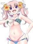  blush breasts fang highres open_mouth pink_hair princess_connect! purple_eyes swimsuit totake081 tsumugi_(princess_connect!) twintails underboob undressing 