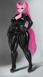 2022 anthro anthrofied big_breasts boots breasts cleavage clothed clothing female footwear friendship_is_magic hair hand_on_hip hi_res high_heeled_boots high_heels looking_at_viewer my_little_pony pink_body pink_hair pinkie_pie_(mlp) rubber simple_background solo standing thick_thighs tight_clothing transfaled_(fwexz) wide_hips 