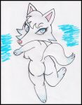  animal_crossing anthro blue_eyes breasts butt canid canine canis female fur genitals looking_back mammal nintendo nude reddragonkan side_boob solo traditional_media_(artwork) video_games white_body white_fur whitney_(animal_crossing) wolf 