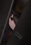  1girl absurdres bangs black_headwear blush brown_hair chain chinese_clothes closed_mouth empty_eyes genshin_impact hair_between_eyes hat highres horror_(theme) hu_tao_(genshin_impact) looking_at_viewer open_door peeking_out rapi_(zx4748) red_eyes smile solo top_hat yandere 