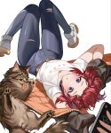  1girl ange_katrina belt black_jacket boots brown_belt cat cellphone collarbone denim hair_behind_ear highres holding holding_phone jacket jeans looking_at_viewer nijisanji official_alternate_costume pants phone red_hair shirt short_hair smartphone solo theamazingspino thigh_gap torn_clothes torn_pants upside-down white_background white_footwear white_shirt yellow_eyes 