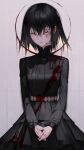  1girl black_dress black_hair blonde_hair blood blood_on_clothes blood_on_face blood_on_hands dark_halo dress dripping eyelashes hair_between_eyes halo highres looking_at_viewer multicolored_hair original pink_eyes short_hair solo tmt two-tone_hair 