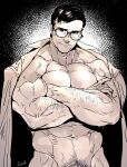  1boy abs arm_hair artist_name bara bare_pectorals biceps black_background black_hair coat feet_out_of_frame glasses hairy large_pectorals looking_at_viewer male_focus manly mature_male muscular muscular_male navel navel_hair no_shirt open_clothes open_coat original pectorals rybiok short_hair signature simple_background smirk solo thick_arms thick_eyebrows upper_body veins veiny_arms white_background 