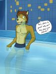  anthro bath bathhouse briefs briefs_only bulge canid canine clothed clothing dialogue english_text fuze hi_res male mammal nipples partially_submerged protagonist_(stardew_valley) solo stardew_valley text topless underwear underwear_only water 