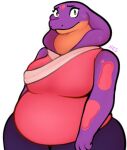  2022 anthro belly big_belly bottomwear clothed clothing cobra eyebrows eyelashes female hi_res keeshee looking_at_viewer ncs overweight overweight_anthro overweight_female pants reptile scalie shaded shirt simple_background smile snake snake_hood solo standing tank_top thick_thighs topwear white_background wide_hips 