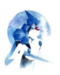  android asagi_marin blue_skin bow brigadoon carrying colored_skin crying english_commentary faux_traditional_media highres melan_blue princess_carry red_bow red_eyes silhouette standing unca_black white_background 