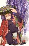  1girl ;) animal_print asymmetrical_jacket belt black_jacket black_pants black_socks bug butterfly butterfly_print demon_slayer_uniform floral_print flower full_body hand_on_headwear haori highres jacket japanese_clothes kimetsu_no_yaiba kochou_shinobu looking_at_viewer one_eye_closed one_knee over_shoulder pants pleated_pants purple_eyes purple_hair red_jacket sandogasa shadow shooou_0104 smile socks solo sword upturned_eyes uroko_(pattern) weapon weapon_over_shoulder white_background white_belt wisteria wooden_sword zouri 