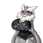  anthro avian bird bottomwear breasts cleavage clothed clothing countershading crossgender female hotpants limebreaker owl shammy shirt shorts solo source_request topwear 