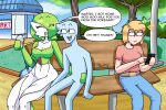  2021 arm_around_waist black_eyes blonde_hair blue_body breasts cleavage clothed clothing comic detailed_background english_text eye_through_hair eyes_closed featureless_hands female gardevoir green_hair group hair hair_over_eye happy hi_res human humanoid karen_(meme) looking_at_another looking_at_object looking_at_partner looking_at_phone male mammal medium_breasts moomoo_milk nintendo one_eye_obstructed open_mouth park_bench pearboy-ooh pearboy_(oc) pok&eacute;_mart pok&eacute;mon pok&eacute;mon_(species) sierra_(pearboy-ooh) signature sitting_on_bench size_difference speech_bubble text translucent translucent_hair trio video_games 