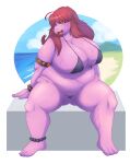  2022 3_toes anklet anthro beach big_breasts bikini bodily_fluids bracelet breasts chubby_anthro chubby_female clothing deltarune digital_media_(artwork) dinosaur feet female fingers hair hi_res homemosaco jewelry long_hair navel non-mammal_breasts open_mouth overweight overweight_anthro overweight_female purple_bikini purple_body purple_clothing purple_hair purple_swimwear reptile scalie seaside sharp_teeth sitting slightly_chubby solo spiked_bracelet spikes susie_(deltarune) sweat swimwear teeth toes undertale_(series) video_games water wet 