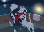  101_dalmatian_street 101_dalmatians abs absurd_res balls bush_(disambiguation) butt butt_out_of_water canid canine canis covered_pussy dalmatian disney doggettdouglasmcdog dolly_(101_dalmatians) domestic_dog duo eyes_closed female genitals hi_res hot_tub kissing lake lamp lantern making_out male male/female mammal moon mountain muscular penis pussy towel translucent translucent_water 