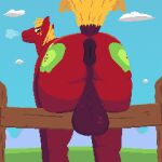  anus balls big_macintosh_(mlp) blue_sky bodily_fluids breath_cloud cloud cutie_mark equid equine fence feral freckles friendship_is_magic genitals grass hasbro looking_back loose_noose male mammal mountain my_little_pony outside plant raised_tail red_body sitting sitting_on_fence sky smile solo standing sweat 