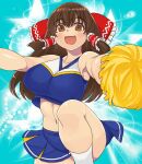  1girl bangs blue_background blue_shirt blue_skirt blush bow breasts brown_eyes brown_hair cheerleader commentary_request cookie_(touhou) crop_top feet_out_of_frame frilled_bow frilled_hair_tubes frills hair_between_eyes hair_bow hair_tubes hakurei_reimu holding holding_pom_poms kanna_(cookie) large_breasts long_hair looking_at_viewer mo-fu navel open_mouth pom_pom_(cheerleading) red_bow shirt sidelocks skirt sleeveless sleeveless_shirt smile socks solo star_(symbol) touhou white_socks 