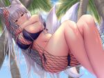  1girl alternate_costume animal_ear_fluff animal_ears azur_lane bangs bare_shoulders bikini blue_bikini blue_eyes blush breasts commentary_request fox_ears fox_girl fox_tail grey_hair hammock highres large_breasts looking_at_viewer melopun multiple_tails navel outdoors palm_tree shinano_(azur_lane) side-tie_bikini sideboob solo swimsuit tail thighs tree 