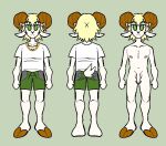  anthro balls biped blonde_hair bottomwear bovid bovid_horn caprine caprine_horn chain clothed clothing digital_media_(artwork) fingers front_view fur genitals gold_(metal) gold_chain gold_jewelry gold_necklace green_bottomwear green_clothing green_eyes green_shorts hair hooves horn humanoid_genitalia humanoid_penis jammedvhs jewelry looking_at_viewer malcolm_(nyta) male mammal model_sheet necklace nipples nude penis ram_horn rear_view sheep shirt shorts simple_background solo standing t-shirt tail_tuft topwear tuft white_body white_clothing white_fur white_shirt white_t-shirt white_topwear 
