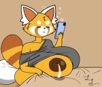  aggressive_retsuko ailurid anthro big_breasts bodily_fluids breasts eye_phone female getting_up huge_breasts hyper hyper_breasts inverted_nipples lactating lxndxntxwn mammal milk nipples phone red_panda retsuko sanrio solo 