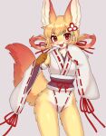  3_fingers absurd_res accessory akatsuki_(kayama_akimaru) anthro asian_clothing blush bow_ribbon breasts canid canine cheek_tuft chest_tuft clothed clothing digital_media_(artwork) east_asian_clothing eyelashes eyeshadow facial_tuft female female_anthro fingers fox fur hair hair_accessory hi_res high_cut_miko_outfit japanese_clothing kayama_akimaru kemono looking_at_viewer makeup mammal markings mehajiki multicolored_body multicolored_fur open_mouth pupils red_eyes red_makeup red_markings ribbons simple_background slit_pupils smile solo teeth tongue tuft white_body white_fur yellow_body yellow_fur 