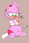  amy_rose anthro breasts cleavage clothed clothing eulipotyphlan female green_eyes hedgehog hi_res mammal nipple_outline sega sixsidesofmyhead solo sonic_the_hedgehog_(series) stuffing 