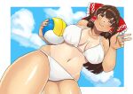  1girl ball bangs bikini blue_sky blush bow breasts breasts_apart brown_eyes brown_hair closed_mouth cloud commentary_request cookie_(touhou) cowboy_shot frilled_bow frilled_hair_tubes frills hair_bow hair_tubes hakurei_reimu holding holding_ball kanna_(cookie) large_breasts long_hair looking_at_viewer mo-fu navel red_bow shiny shiny_skin sidelocks sky smile solo swimsuit tan tanlines touhou volleyball white_bikini 