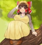  1girl bangs blush bow branch breasts brown_eyes brown_hair brown_shirt closed_mouth commentary_request cookie_(touhou) dress frilled_bow frilled_hair_tubes frills full_body hair_bow hair_tubes hakurei_reimu kanna_(cookie) large_breasts long_hair long_sleeves looking_at_viewer mo-fu pinafore_dress red_bow shirt sidelocks sitting_on_branch smile solo touhou tree yellow_dress yellow_headwear 