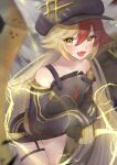  1girl :d absurdres alchemy_stars armor bangs bare_shoulders black_headwear black_jacket blonde_hair blurry blurry_background blush breastplate cabbie_hat collarbone commentary cowboy_shot diamond-shaped_pupils diamond_(shape) fang film_grain garter_straps gronru_(alchemy_stars) hair_between_eyes hat hat_ornament highres jacket leaning_forward long_hair long_sleeves looking_at_viewer low_twintails multicolored_background multicolored_hair open_mouth pel red_hair skin_fang sleeves_past_fingers sleeves_past_wrists smile solo standing strap strap_slip striped striped_jacket sweatshirt symbol-shaped_pupils thigh_strap thighs tongue twintails two-tone_hair very_long_hair yellow_eyes 