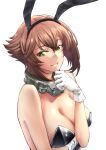  1girl absurdres animal_ears black_leotard bow bowtie breasts brown_hair detached_collar fake_animal_ears flipped_hair gloves green_eyes hair_between_eyes hairband hand_on_own_chin highres ichifuji kantai_collection large_breasts leotard looking_at_viewer mutsu_(kancolle) playboy_bunny rabbit_ears short_hair simple_background smile solo strapless strapless_leotard upper_body white_background white_gloves wrist_cuffs 