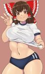  1girl bangs blue_buruma blush bow breasts brown_background brown_eyes brown_hair buruma closed_mouth commentary_request contrapposto cookie_(touhou) cowboy_shot frilled_bow frilled_hair_tubes frills gym_uniform hair_bow hair_tubes hakurei_reimu kanna_(cookie) large_breasts long_hair looking_at_viewer midriff mo-fu navel red_bow shiny shiny_skin shirt short_sleeves sidelocks simple_background smile solo touhou white_shirt 