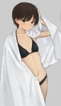  1girl akipeko bangs bikini black_bikini blush brown_eyes brown_hair commentary_request cowboy_shot drying drying_body drying_hair flat_chest grey_background highres navel original short_hair simple_background skinny smile solo swimsuit wet wet_hair white_towel 