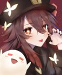  1girl :p absurdres bangs black_nails blue_ribbon brown_coat brown_eyes brown_hair bug butterfly claw_pose coat collared_coat colored_tips commentary_request eyes_visible_through_hair flower flower-shaped_pupils genshin_impact ghost hair_between_eyes hair_over_one_eye hat hat_flower hat_ribbon highres hu_tao_(genshin_impact) jewelry long_hair looking_at_viewer multicolored_hair pel porkpie_hat red_background red_hair ribbon ring sleeves_past_elbows solo symbol-shaped_pupils talisman tongue tongue_out two-tone_hair upper_body wide_sleeves yellow_butterfly 