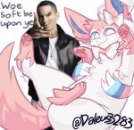  2022 anthro artist_name broken_english clothed clothing colored digital_drawing_(artwork) digital_media_(artwork) domestic_cat duo eeveelution eminem english_text felid feline felis feral fur hair human humanoid humor looking_at_viewer male male_(lore) mammal meme nibui nintendo pawpads pink_body pink_fur pok&eacute;mon pok&eacute;mon_(species) rapper ribbons saito_(certainlysoft) shaded shitpost signature simple_background smile sylveon text throwing throwing_character video_games white_background 