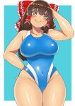  1girl bangs blue_background blue_swimsuit blush bow breasts brown_eyes brown_hair closed_mouth commentary_request competition_swimsuit cookie_(touhou) covered_navel cowboy_shot frilled_bow frilled_hair_tubes frills hair_bow hair_tubes hakurei_reimu hand_in_own_hair kanna_(cookie) large_breasts long_hair looking_at_viewer mo-fu navel one-piece_swimsuit red_bow shiny shiny_skin sidelocks smile solo swimsuit touhou two-tone_background white_background 