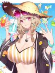  animal_ears aqua_nails arknights closed_mouth flower hair_ornament hairclip hand_up hat highres jewelry juice looking_at_viewer necklace noinoi5551 petals pink_eyes straw_hat sunglasses swimsuit upper_body utage_(arknights) utage_(summer_flowers)_(arknights) v 