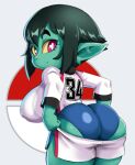  big_breasts big_butt brachyzoid breasts butt clothed clothing female goblin green_body humanoid looking_at_viewer looking_back looking_back_at_viewer not_furry solo 