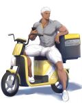  1boy archer_(fate) bara bulge chachi_(soulga) covered_nipples dark-skinned_male dark_skin erection erection_under_clothes fate/grand_order fate/stay_night fate_(series) grey_shirt ground_vehicle holding holding_phone large_pectorals male_focus motor_vehicle motorcycle muscular muscular_male pectorals phone shirt short_hair shorts simple_background solo white_background white_hair white_shorts 